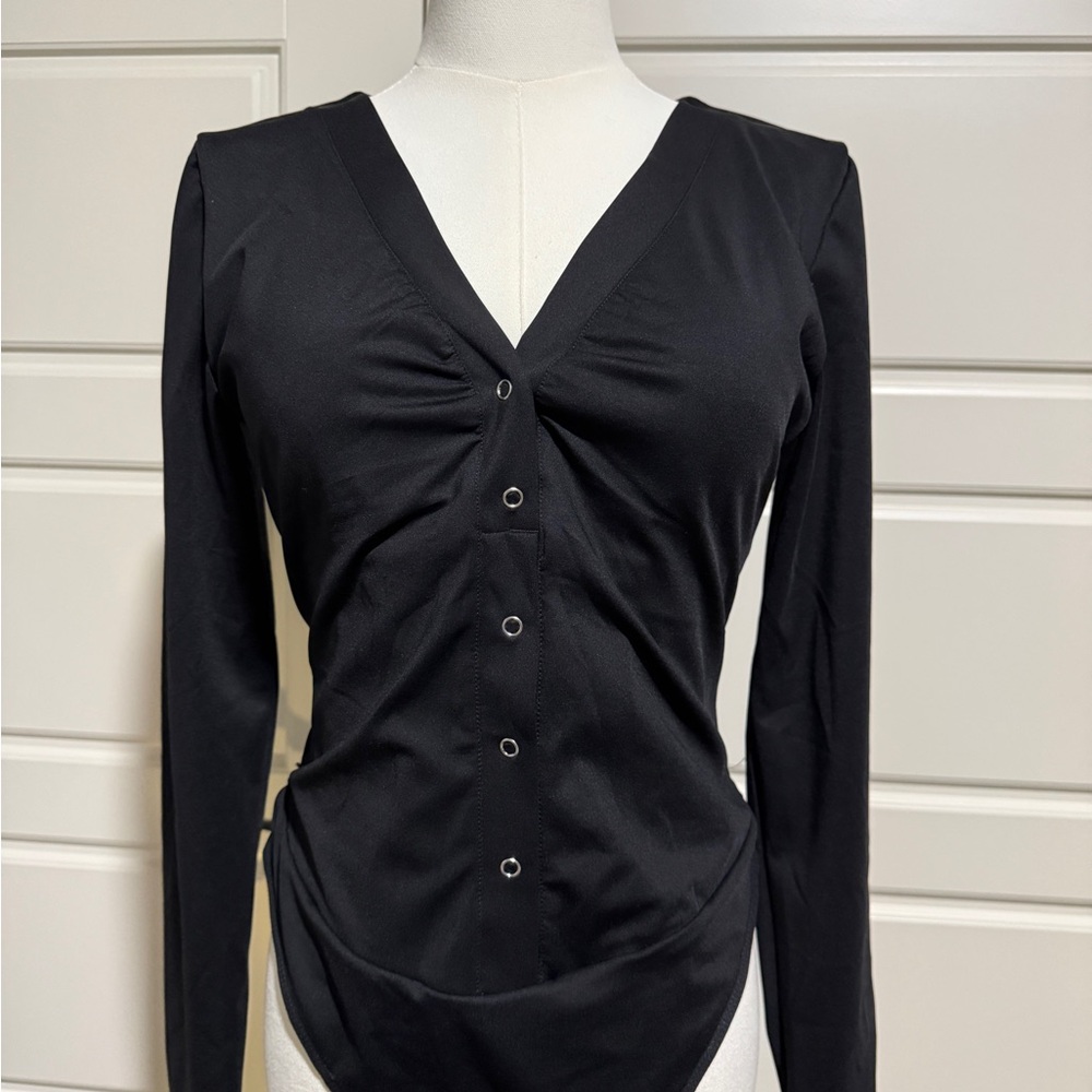 Chic Popilush Black Button-Down V-Neck Women's Shirt